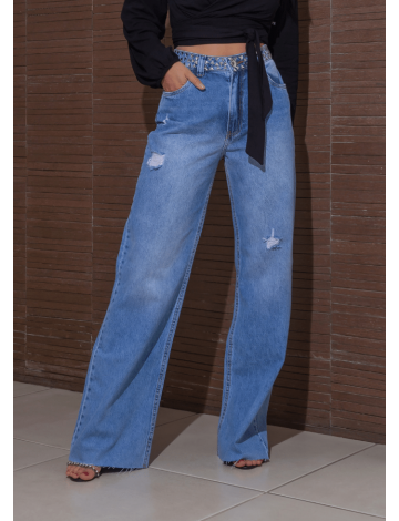 Calça Jeans Wide Leg Com Pedrarias E Barra A Fio Atacado Feminina Revanche Tisha Azul