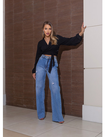 Cal a Jeans Wide Leg Com Pedrarias E Barra A Fio Atacado Feminina