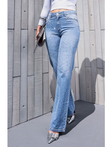 Calça Jeans Wide Leg Com Strass Atacado Feminina Revanche Marilândia Azul