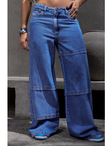 Calça Jeans Wide Leg Com Recortes Atacado Feminina Revanche Víllora Azul