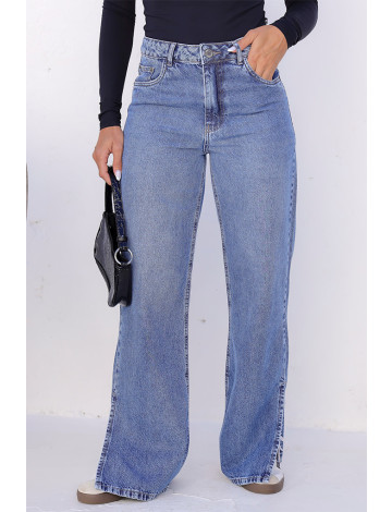Calça Jeans Wide Leg Abertura Lateral Atacado Feminina Revanche Esérnia Azul
