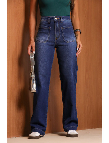 Calça Jeans Wide Leg Bolso Chapado Frontal Atacado Feminino Revanche Quena Azul