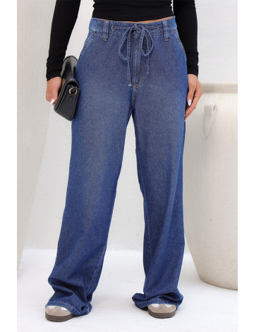Calça Jeans Wide Leg Com Cordão E Bolso Faca Atacado Feminina Revanche Amatunte azul