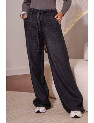 Calça Jeans Wide Leg Com Elastico e Cordão Atacado Feminina Revanche Bergula Unica