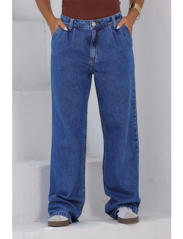 Calça Jeans Wide Leg Com Pregas Bolso Faca Atacado Feminina Revanche Latópolis Azul