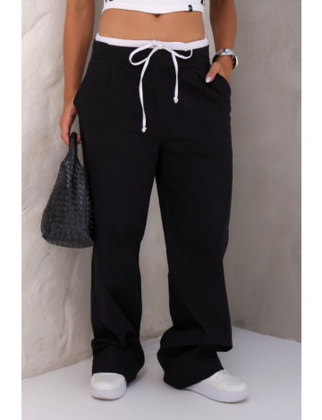 Calça Wide Leg Color Com Cós Sobreposto Atacado Feminina Revanche Arjona Branco Preto