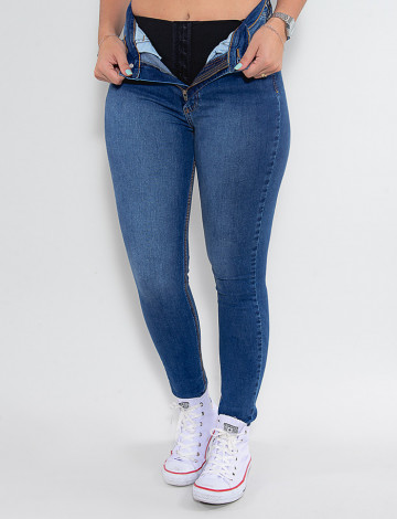 Calça Jeans Atacado Cigarrete Cinta Feminina Revanche Fit Belt 4 Azul Detalhe Frente