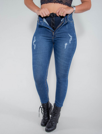 Calça Jeans Atacado Cigarrete Cinta Feminina Revanche Fit Belt Azul Frente Detalhe