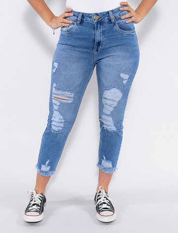 Calça Jeans Atacado Mom Cropped Feminina Revanche Josiane Azul Frente