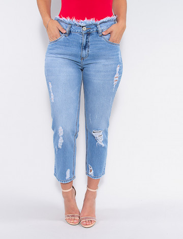 Calça Jeans Atacado Mom Cropped Feminina Revanche Lavernia Azul Frente