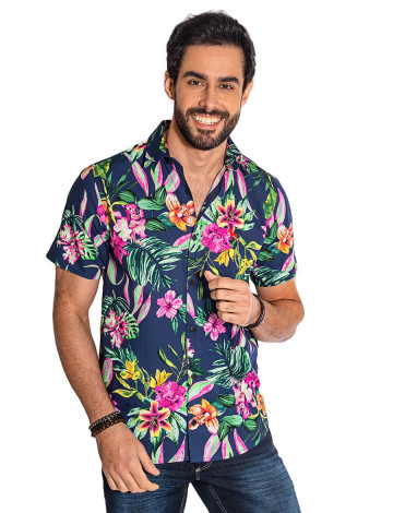 Camisa Atacado Florida Manga Curta Masculina Revanche Havai II Azul Marinho Frente