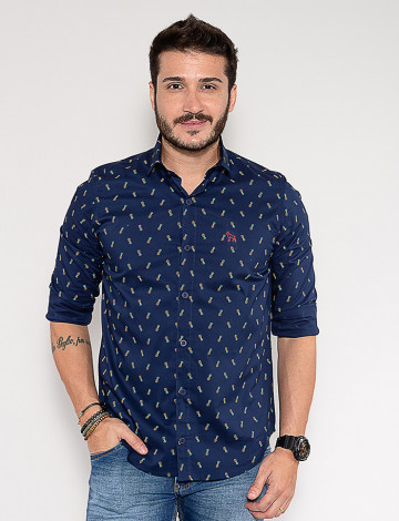 Camisa Atacado Abacaxi Masculina Revanche Denys Azul Marinho Frente