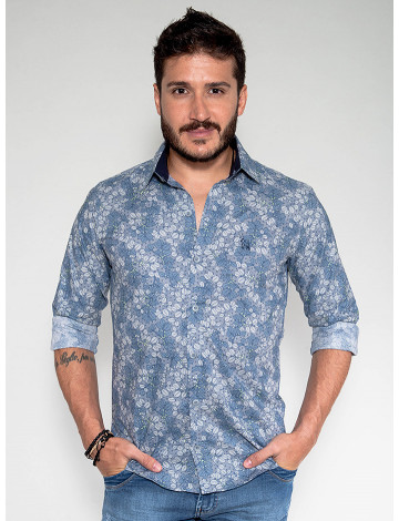 Camisa Atacado Estampada Masculina Revanche Itália Azul Frente