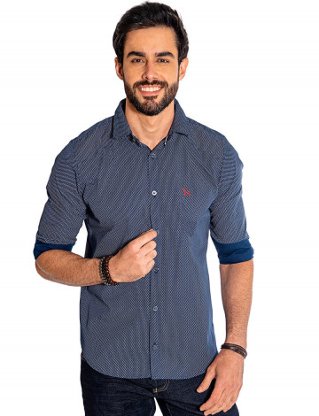 Camisa Atacado Manga Longa com Micro Estampa Masculino Revanche Bolonha Azul Marinho Frente