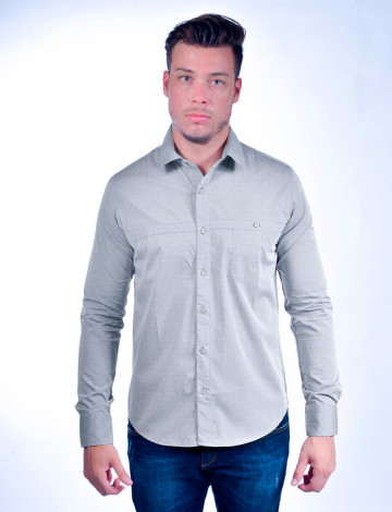 Camisa Atacado Manga Longa com Micro Estampas Masculino Revanche Lima Cinza Frente