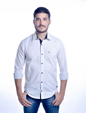 Camisa Atacado Manga Longa de Micro Estampas Masculino Revanche Monza Branca Frente