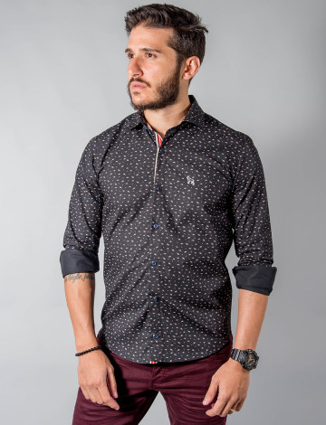 Camisa Atacado Manga Longa Microestampada Masculino Revanche Austin Preto Padrão Frente