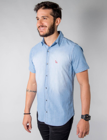 Camisa Jeans Atacado Manga Curta Microestampado Masculino Revanche San Diego Frente