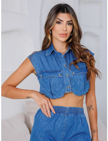 Camisa Cropped Jeans com Bolsos Atacado Feminina Revanche Andirá Azul