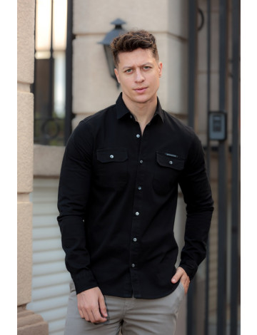 Camisa De Sarja Com Bolsos Atacado Masculina Revanche Loreto Preto