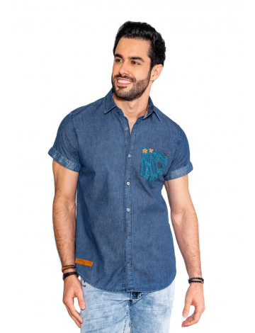 Camisa Jeans Atacado Bolso Estampado Masculina Revanche Cahors Azul Frente