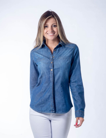 Camisa Jeans Atacado com Bolso Embutido Feminina Revanche Banjul