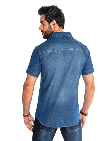 Camisa Jeans Atacado Manga Curta Bordado Masculino Revanche Miami