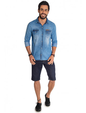 Camisa Jeans Atacado Manga Longa com Bolso e Lapela Masculino