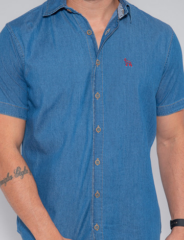 Camisa Jeans Atacado Masculina Revanche Nevil Azul Detalhe Frente