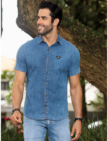 Camisa Jeans Com Elastano Atacado Masculina Revanche Satun Azul