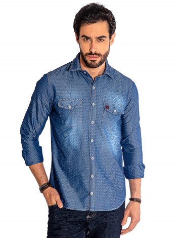 Camisa Jeans Manga Longa de Microestampa com Bolso Masculino Revanche Vienciana Padrão Frente