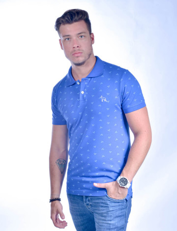 Camisa Polo Atacado com Microestampas de Passaro Masculino Revanche Vogel Azul Royal Frente