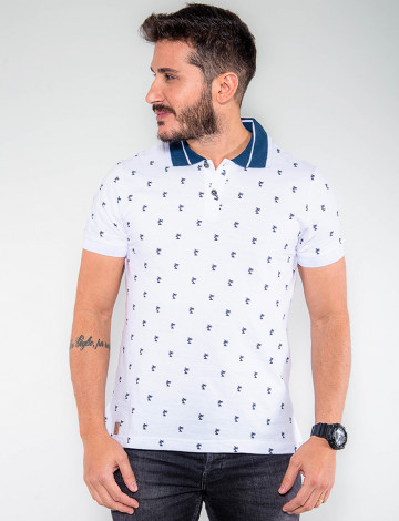 Camisa Polo Atacado Estampada Masculina Revanche Coqueiros Branco Frente