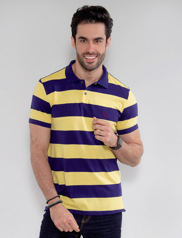 Camisa Polo Atacado Listras Amarela Masculino Revanche Grécia Azul Frente