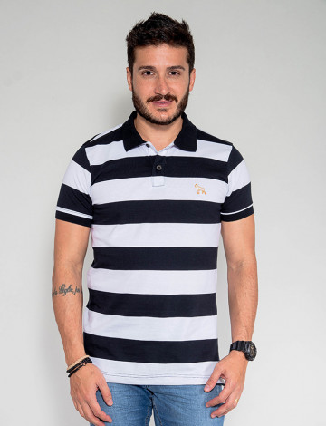 Camisa Polo Atacado Listras Masculino Revanche Grécia Branco Preto Frente