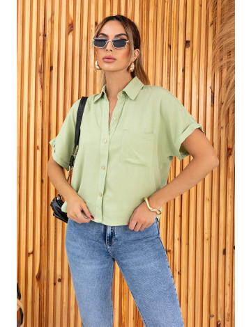 Camisa Manga Curta E Barra Italiana Com Abertura Feminina Revanche Anaklia Verde Claro