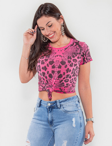 Camiseta Atacado Animal Print Feminina Revanche Cuala Rosa Frente