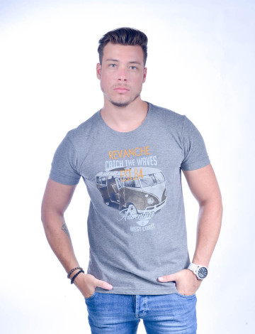 Camiseta Atacado Bordada Masculino Revanche Catch The Waves Cinza Frente