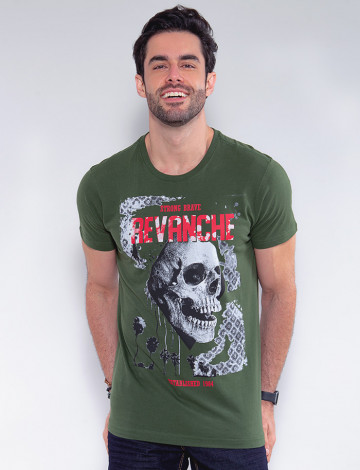 Camiseta Atacado Caveira Masculina Revanche Faso Verde Frente