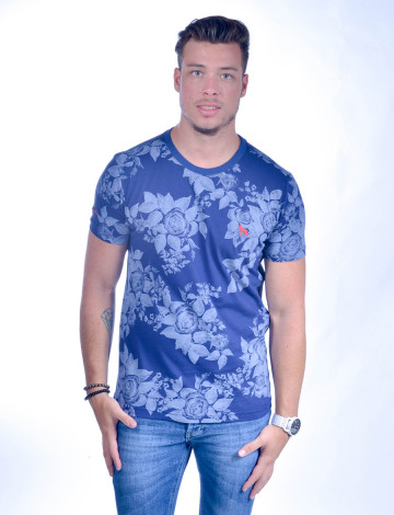 Camiseta Atacado com Estampa Floral e Bordado Cachorrinho Comores Azul Marinho Frente