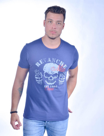 Camiseta Atacado com Estampa Masculino Revanche Cranio Azul Frente