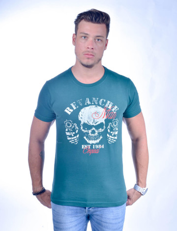 Camiseta Atacado com Estampa Masculino Revanche Cranio Verde Frente
