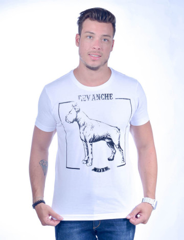 Camiseta Atacado com Estampa Masculino Revanche Hund Branca Frente