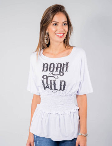 Camiseta Atacado Elastico na Cintura Feminina Revanche Born To Be Wild Branco Frente