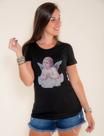 Camiseta Atacado Estampa Feminina Revanche Angel Preta Frente