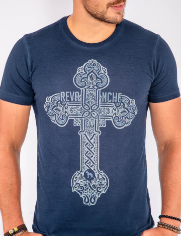 Camiseta Atacado Estampa Silk Masculina Revanche Cross Azul Marinho Frente