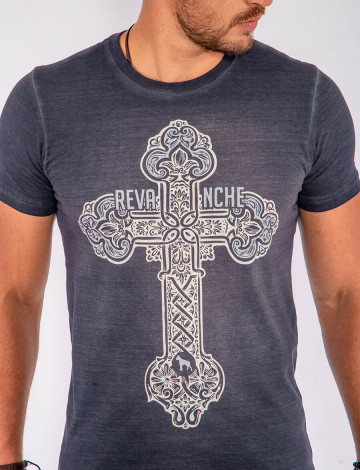Camiseta Atacado Estampa Silk Masculina Revanche Cross Cinza Frente