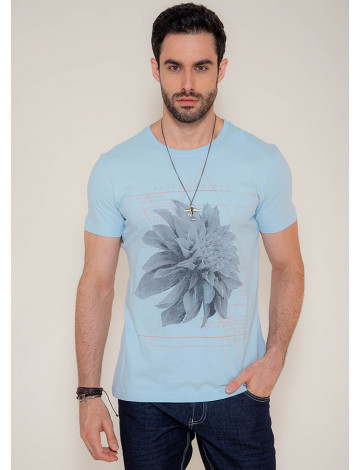 Camiseta Atacado Estampa Silk Masculina Revanche Flower Azul Claro Frente