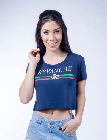 Camiseta Atacado Estampada Cropped Feminina Revanche Italien Azul Marinho Frente
