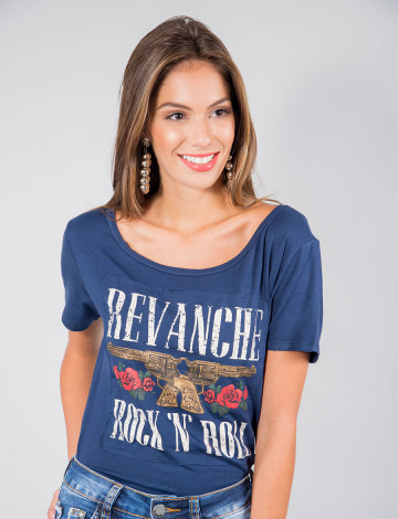 Camiseta Atacado Estampada Feminino Revanche Rock&Roll Azul Marinho Padrão Frente